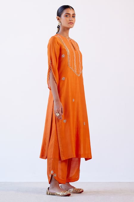 Devnaagri_Orange Chanderi, Shantoon And Kota Silk Sequins, Embroidered Kurta Palazzo Set _Online_at_Aza_Fashions