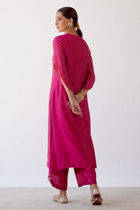 Shop_Devnaagri_Fuchsia Chanderi, Shantoon And Kota Silk Sequins, Embroidered Kurta Palazzo Set _at_Aza_Fashions