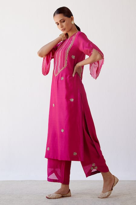 Devnaagri_Fuchsia Chanderi, Shantoon And Kota Silk Sequins, Embroidered Kurta Palazzo Set _Online_at_Aza_Fashions