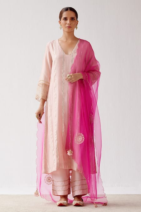 Devnaagri Pink Mukaish Chanderi Embroidered Blunt V Neck Work Kurta Palazzo Set 