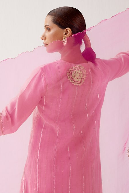 Shop_Devnaagri_Pink Shantoon And Organza, Zari Mukaish Chanderi Sequins, Work Kurta Palazzo Set _at_Aza_Fashions