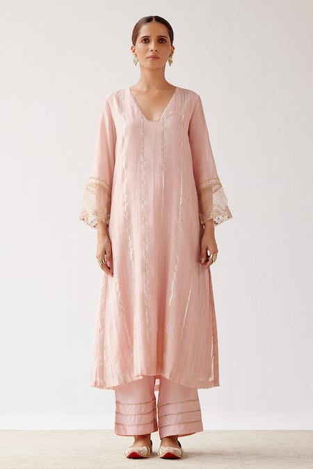 Devnaagri_Pink Shantoon And Organza, Zari Mukaish Chanderi Sequins, Work Kurta Palazzo Set _Online_at_Aza_Fashions
