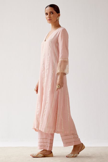 Buy_Devnaagri_Pink Shantoon And Organza, Zari Mukaish Chanderi Sequins, Work Kurta Palazzo Set _Online_at_Aza_Fashions