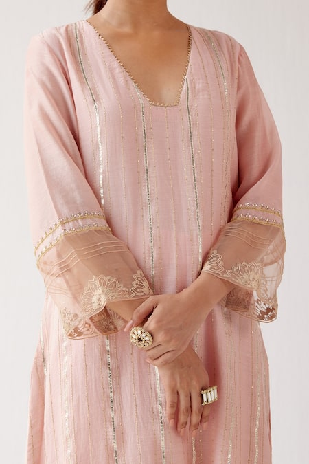 Shop_Devnaagri_Pink Shantoon And Organza, Zari Mukaish Chanderi Sequins, Work Kurta Palazzo Set _Online_at_Aza_Fashions