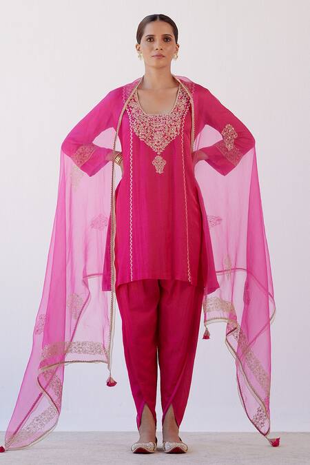 Devnaagri_Fuchsia Cotton Silk Satin And Organza Dori Blunt Embroidered Kurta Dhoti Pant Set _Online_at_Aza_Fashions