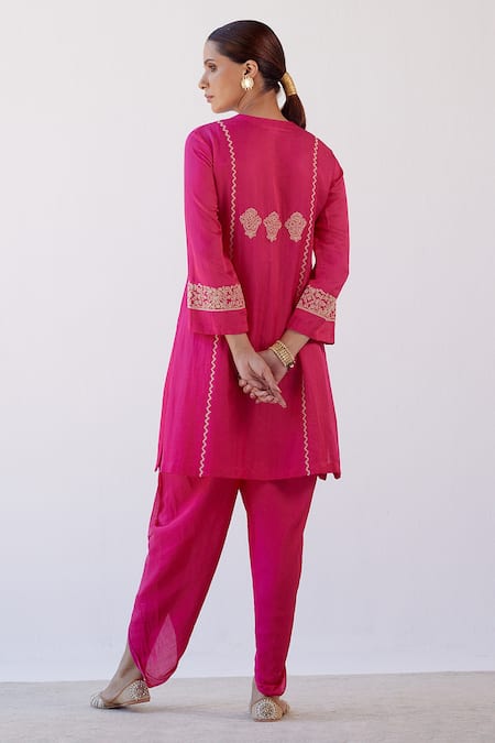 Shop_Devnaagri_Fuchsia Cotton Silk Satin And Organza Dori Blunt Embroidered Kurta Dhoti Pant Set _at_Aza_Fashions