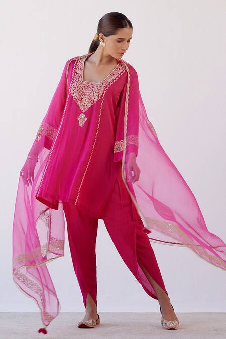 Shop_Devnaagri_Fuchsia Cotton Silk Satin And Organza Dori Blunt Embroidered Kurta Dhoti Pant Set _Online_at_Aza_Fashions