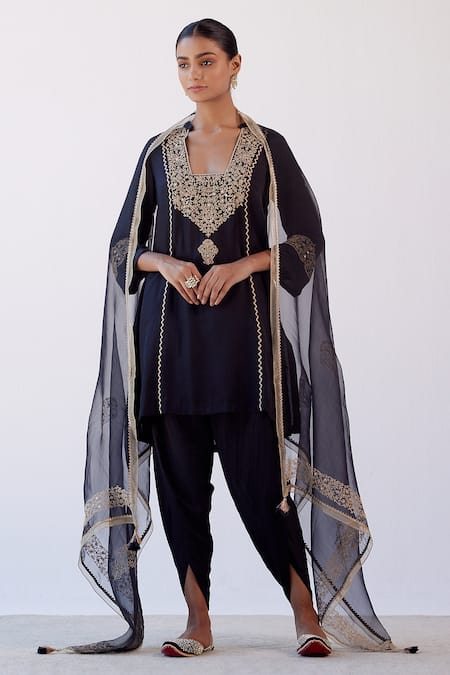 Devnaagri Black Cotton Silk Satin And Organza Dori Blunt V Embroidered Kurta Dhoti Pant Set