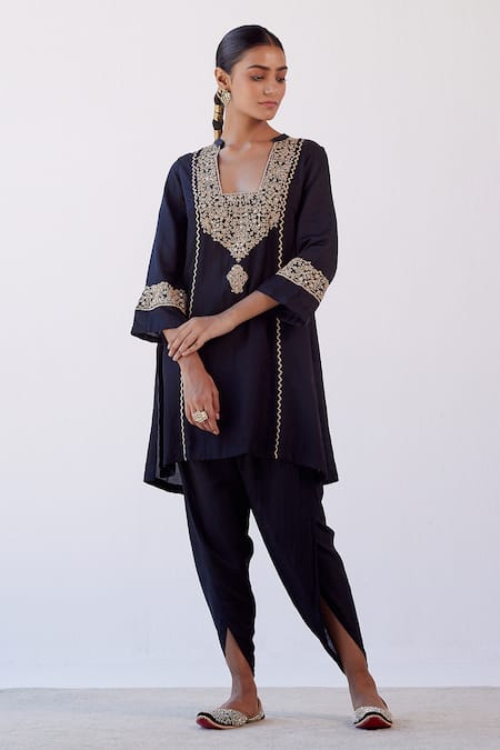 Buy_Devnaagri_Black Cotton Silk Satin And Organza Dori Blunt V Embroidered Kurta Dhoti Pant Set _Online_at_Aza_Fashions