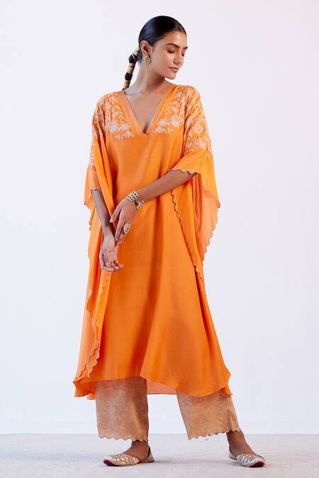 Devnaagri_Orange Muslin And Shantoon Dori V Neck Embroidered Kaftan & Palazzo Set _Online_at_Aza_Fashions