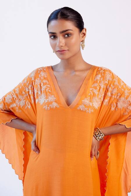 Buy_Devnaagri_Orange Muslin And Shantoon Dori V Neck Embroidered Kaftan & Palazzo Set _Online_at_Aza_Fashions