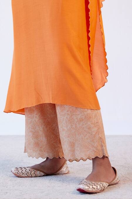 Shop_Devnaagri_Orange Muslin And Shantoon Dori V Neck Embroidered Kaftan & Palazzo Set _Online_at_Aza_Fashions