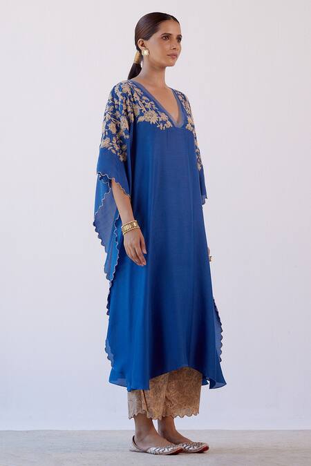 Devnaagri_Blue Muslin And Shantoon Dori V Neck Embroidered Kaftan & Palazzo Set _Online_at_Aza_Fashions