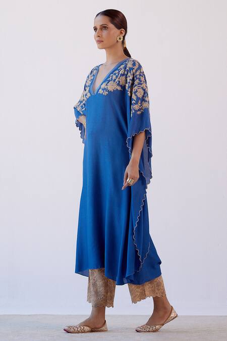 Buy_Devnaagri_Blue Muslin And Shantoon Dori V Neck Embroidered Kaftan & Palazzo Set _Online_at_Aza_Fashions