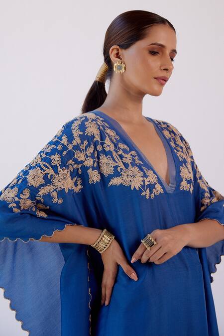 Shop_Devnaagri_Blue Muslin And Shantoon Dori V Neck Embroidered Kaftan & Palazzo Set _Online_at_Aza_Fashions