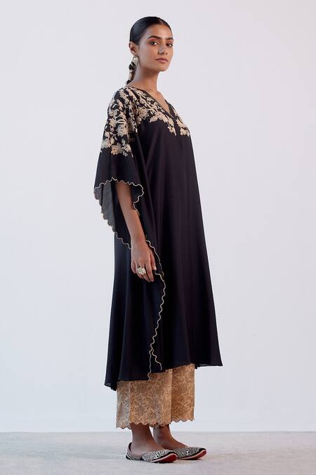 Devnaagri_Black Muslin And Shantoon Dori V Neck Embroidered Kaftan & Palazzo Set _Online_at_Aza_Fashions