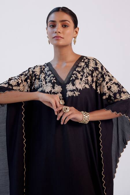 Buy_Devnaagri_Black Muslin And Shantoon Dori V Neck Embroidered Kaftan & Palazzo Set _Online_at_Aza_Fashions
