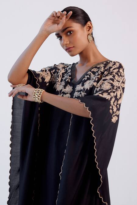 Shop_Devnaagri_Black Muslin And Shantoon Dori V Neck Embroidered Kaftan & Palazzo Set _Online_at_Aza_Fashions