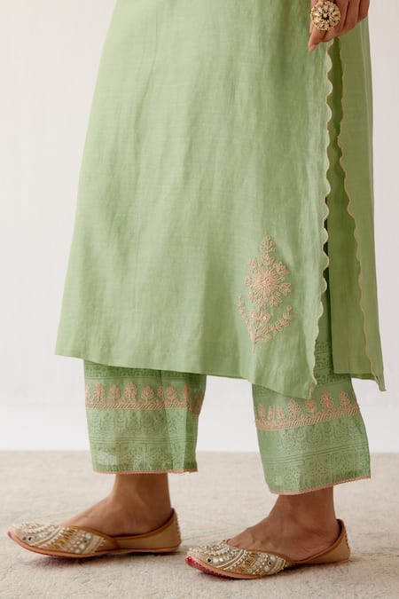 Shop_Devnaagri_Green Organza, Chanderi Dori, Sequins Notched Embroidered Kurta Palazzo Set _Online_at_Aza_Fashions