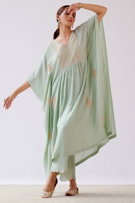 Buy_Devnaagri_Green Muslin Dori V Neck Embroidered Kaftan And Palazzo Set _Online_at_Aza_Fashions