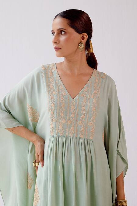 Shop_Devnaagri_Green Muslin Dori V Neck Embroidered Kaftan And Palazzo Set _Online_at_Aza_Fashions