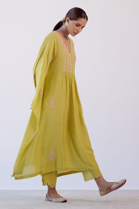 Devnaagri_Green Muslin Dori V Neck Embroidered Kaftan And Palazzo Set _Online_at_Aza_Fashions