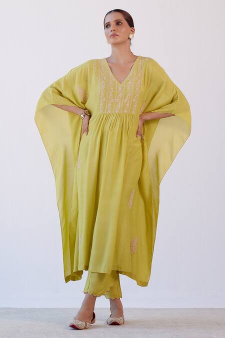 Buy_Devnaagri_Green Muslin Dori V Neck Embroidered Kaftan And Palazzo Set _Online_at_Aza_Fashions