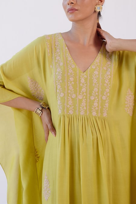 Shop_Devnaagri_Green Muslin Dori V Neck Embroidered Kaftan And Palazzo Set _Online_at_Aza_Fashions