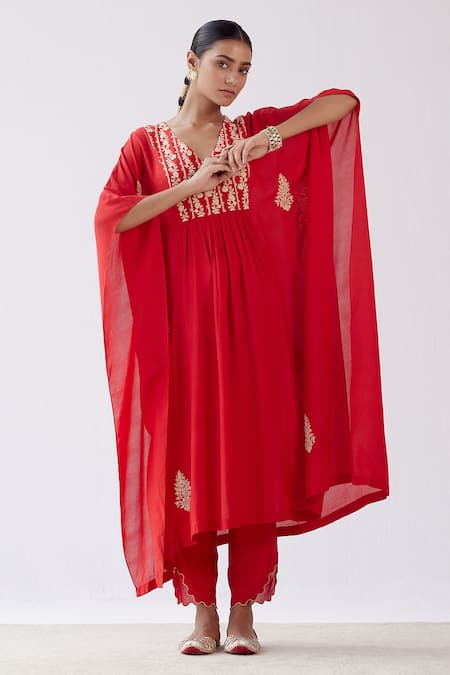 Devnaagri_Red Muslin Dori V Neck Embroidered Kaftan And Palazzo Set _Online_at_Aza_Fashions