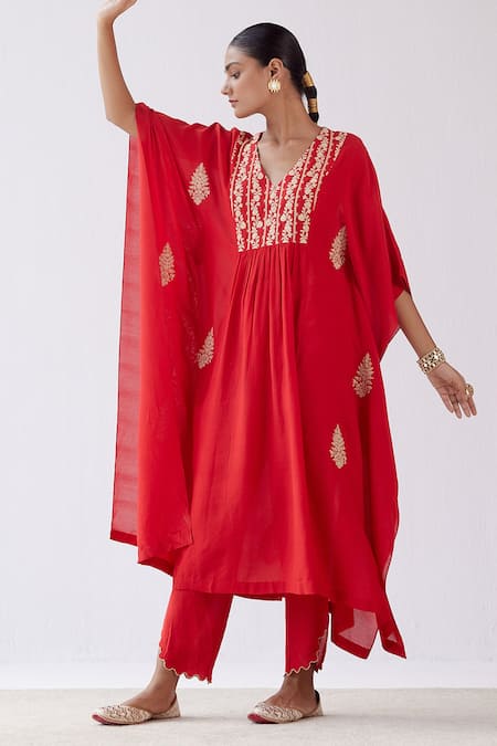 Buy_Devnaagri_Red Muslin Dori V Neck Embroidered Kaftan And Palazzo Set _Online_at_Aza_Fashions