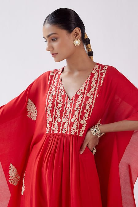 Shop_Devnaagri_Red Muslin Dori V Neck Embroidered Kaftan And Palazzo Set _Online_at_Aza_Fashions