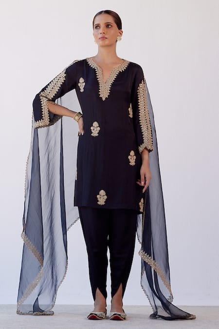 Devnaagri Black Cotton Silk And Organza Embroidered Floral Notched Kurta Dhoti Pant Set 