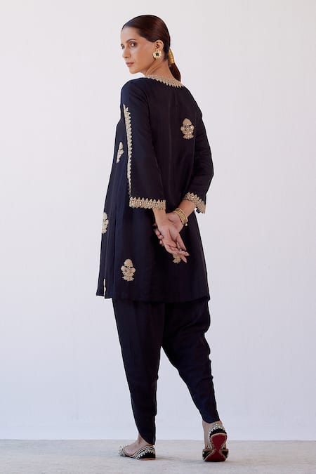 Shop_Devnaagri_Black Cotton Silk And Organza Floral Notched Embroidered Kurta Dhoti Pant Set _at_Aza_Fashions