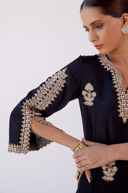 Shop_Devnaagri_Black Cotton Silk And Organza Floral Notched Embroidered Kurta Dhoti Pant Set _Online_at_Aza_Fashions