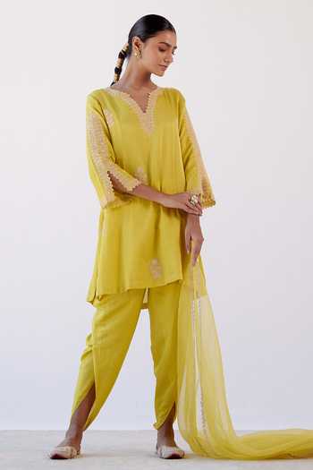 Buy Devnaagri Yellow Cotton Silk And Organza Floral Notched Embroidered Kurta Dhoti Pant Set at Aza Fashions Buy_Devnaagri_Yellow Cotton Silk And Organza Floral Notched Embroidered Kurta Dhoti Pant Set _at_Aza_Fashions