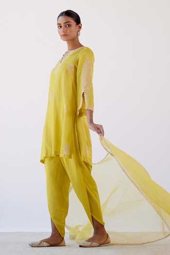 Shop Devnaagri Yellow Cotton Silk And Organza Floral Notched Embroidered Kurta Dhoti Pant Set Online at Aza Fashions Shop_Devnaagri_Yellow Cotton Silk And Organza Floral Notched Embroidered Kurta Dhoti Pant Set _Online_at_Aza_Fashions