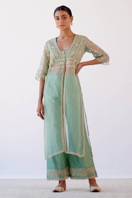 Devnaagri_Green Organza, Chanderi Dori Blunt V Neck Embroidered Kurta And Palazzo Set _Online_at_Aza_Fashions
