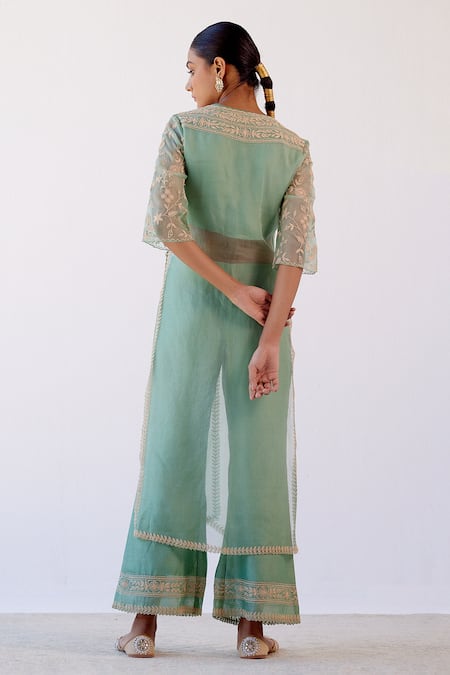 Shop_Devnaagri_Green Organza, Chanderi Dori Blunt V Neck Embroidered Kurta And Palazzo Set _at_Aza_Fashions