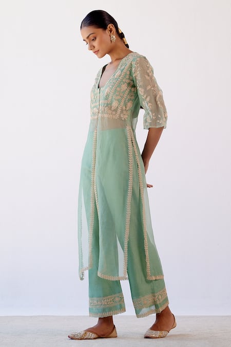 Buy_Devnaagri_Green Organza, Chanderi Dori Blunt V Neck Embroidered Kurta And Palazzo Set _Online_at_Aza_Fashions