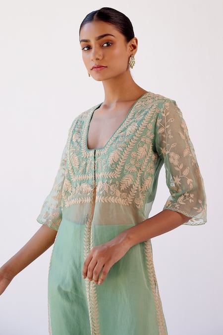 Shop_Devnaagri_Green Organza, Chanderi Dori Blunt V Neck Embroidered Kurta And Palazzo Set _Online_at_Aza_Fashions