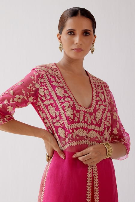 Shop_Devnaagri_Fuchsia Organza, Chanderi Dori Blunt V Neck Embroidered Kurta And Palazzo Set _Online_at_Aza_Fashions