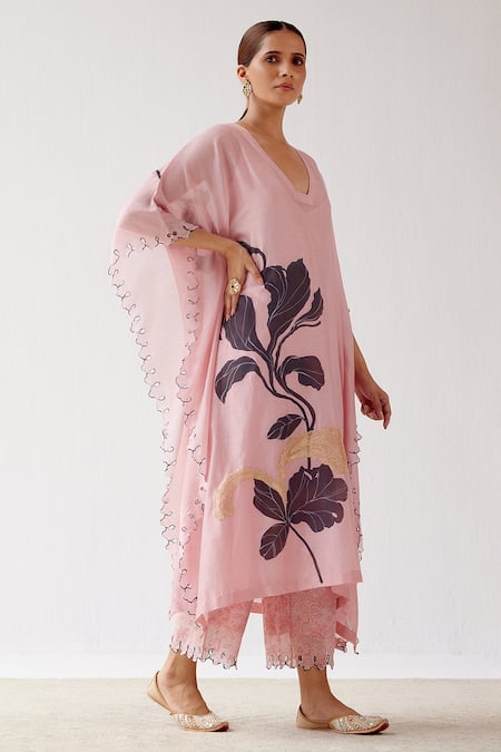 Devnaagri_Pink Chanderi And Shantoon Floral Blunt V Neck Hand Painted Kaftan & Palazzo Set _Online_at_Aza_Fashions