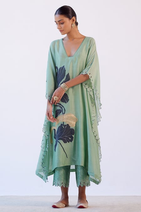 Devnaagri_Green Chanderi And Shantoon Floral Blunt V Neck Hand Painted Kaftan & Palazzo Set _Online_at_Aza_Fashions