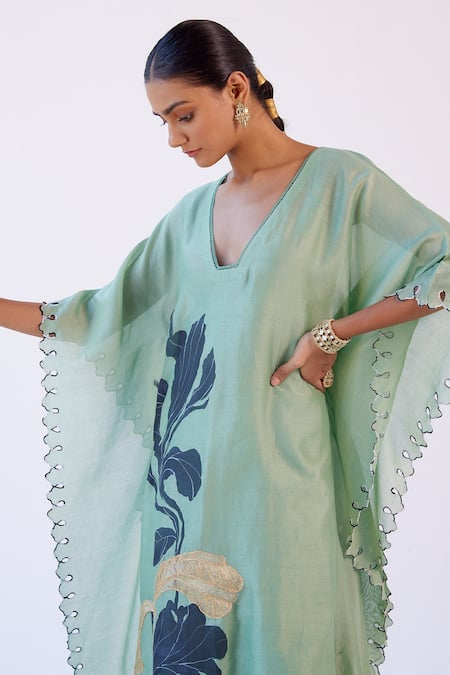 Buy_Devnaagri_Green Chanderi And Shantoon Floral Blunt V Neck Hand Painted Kaftan & Palazzo Set _Online_at_Aza_Fashions