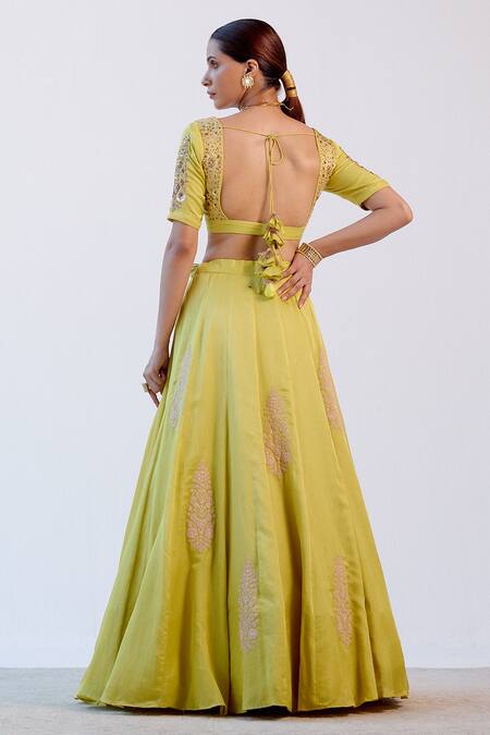 Shop_Devnaagri_Green Gajji , Cotton And Organza Resham, Floral Embroidered Lehenga Set _at_Aza_Fashions