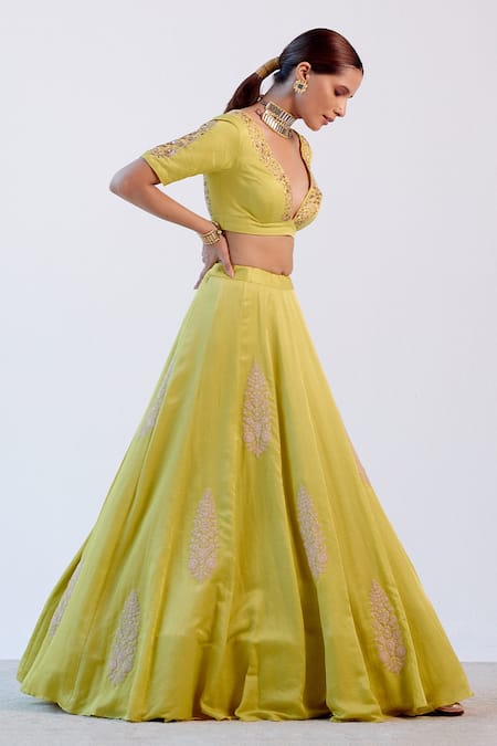 Devnaagri_Green Gajji , Cotton And Organza Resham, Floral Embroidered Lehenga Set _Online_at_Aza_Fashions