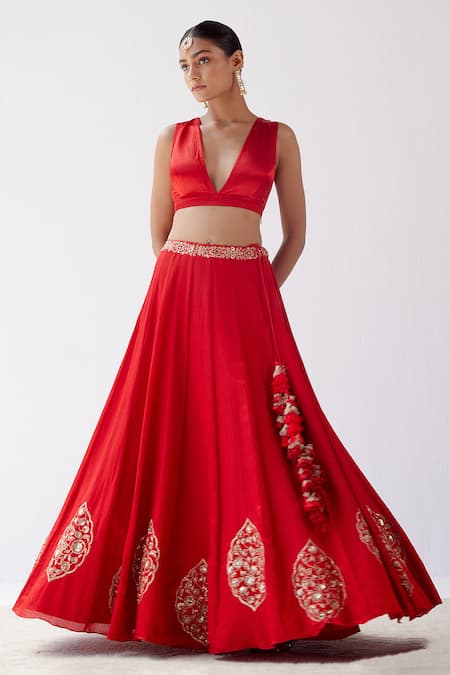 Shop Devnaagri Red Gajji , Cotton Satin And Floral Embroidered Lehenga Set Online at Aza Fashions Shop_Devnaagri_Red Gajji , Cotton Satin And Floral Embroidered Lehenga Set _Online_at_Aza_Fashions