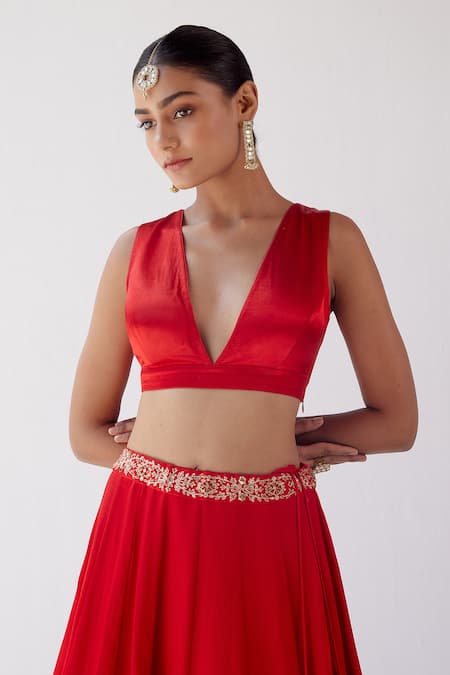 Buy Devnaagri Red Gajji , Cotton Satin And Floral Embroidered Lehenga Set Buy_Devnaagri_Red Gajji , Cotton Satin And Floral Embroidered Lehenga Set
