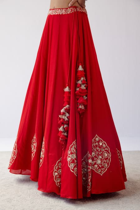 Devnaagri Red Gajji , Cotton Satin And Floral Embroidered Lehenga Set at Aza Fashions Devnaagri_Red Gajji , Cotton Satin And Floral Embroidered Lehenga Set _at_Aza_Fashions
