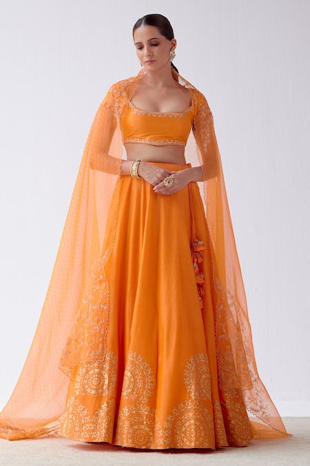 Buy_Devnaagri_Orange Chanderi, Raw Silk And Organza Dori, Sequins Hand Block Print Lehenga Set _Online_at_Aza_Fashions
